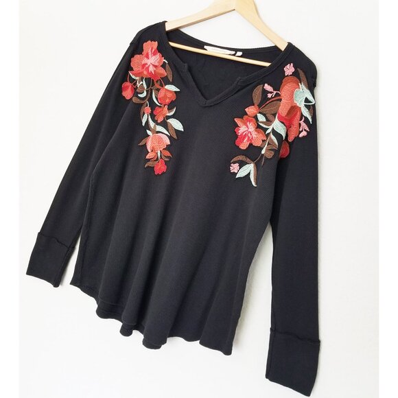 Soft Surroundings Wildflower Floral Embroidered Thermal Top Waffle Knit Black L - Picture 16 of 16